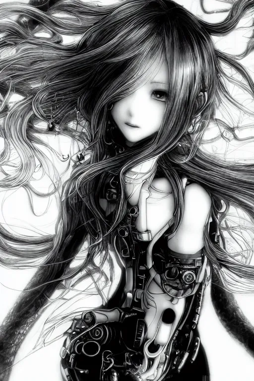 Image similar to a vertical portrait of a character in a scenic environment by Yoshitaka Amano, black and white, dreamy, cybernetic suit, wavy long black hair, highly detailed