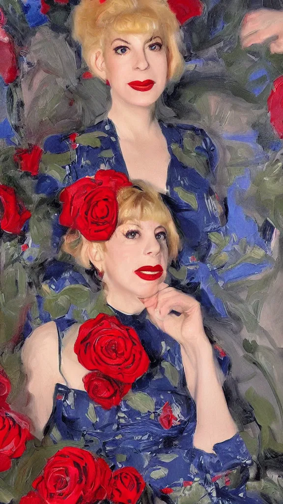 Image similar to portrait of julee cruise in lynch pattern, big persian detailed pot of red roses, blue and red lights painted by john singer sargent