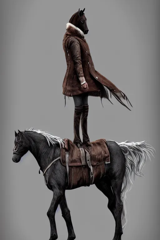 Image similar to concept art of hybrid human and horse wearing coat, anthropomorphic horse wearing a coat and standing on two legs like human, digital art, photo realistic, artstation, highly detailed