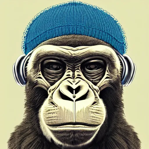 Prompt: stoned ape, headphones and knitted cap, realistic, colored, extremely detailed, sharp focus, wide view, smooth, digital illustration, by james jean, by rossdraws, frank franzzeta, mcbess, sakimichan, brosmin, danton fadeev, steve simpson