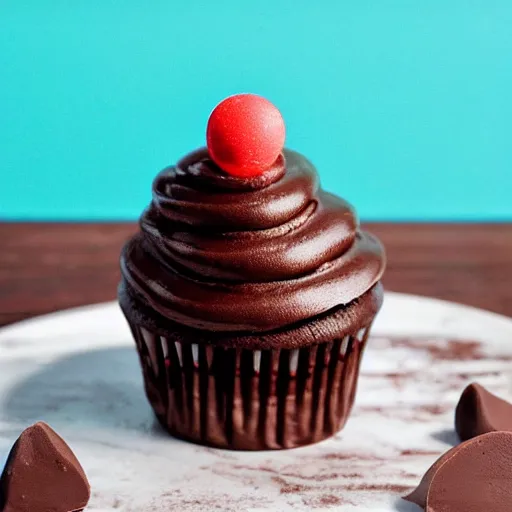 Prompt: an image of a realistic cupcake with chocolate icing floating on a river of chocolate