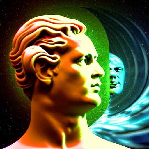 Image similar to 3 d sci - fi cgartist double exposure rendering of a hyper realistic marble greek statuary bust floating in space, at the vast pulsating interdimensional fractal space portal at the psychedelic vaporwave ombre event horizon by chris moore, by edward hopper, by col price, trending on artstation