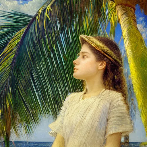 Image similar to a ultradetailed beautiful painting of a girl in the amazonas palace balustrade designed by jules bastien - lepage, hans belmer, frank weston and gustave baumann, beach, trending on artstation, mediterranean, palm trees, refracted color sparkles, sharp focus, soft light, 8 k 4 k