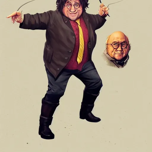 Prompt: full body portrait of danny devito as as Harry Potter, fantasy, highly detailed, digital painting, artstation, concept art, sharp focus, illustration, art by artgerm and Anna Dittmann and Ilya Kuvshinov