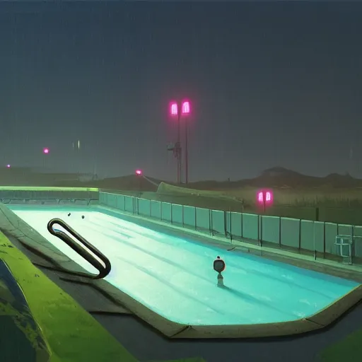 Prompt: the pool simon stalenhag high detail