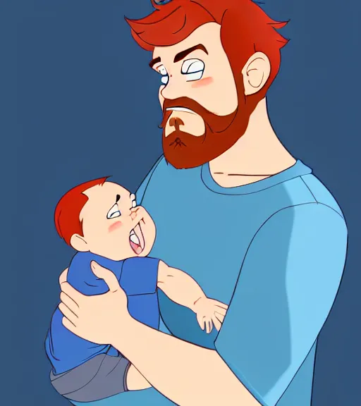 Image similar to a father with short red hair, a short red beard and blue eyes and a slightly chubby face hold his infant son with short brown hair full color digital illustration in the style of don bluth, artgerm, artstation trending, 4 k