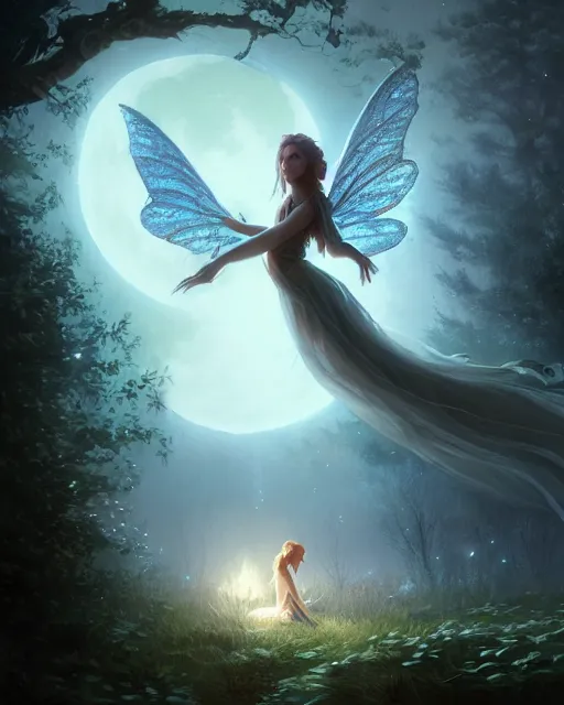 Image similar to attractive fairy goddness fly high in the night, d & d, fantasy, mist, full moon in background, trees, hyper detailed, art by artgerm and greg rutkowski and magali villeneuve, midium shot, 8 k realistic, cryengine, digital painting, trending on artstation, concept art, sharp focus, illustration,