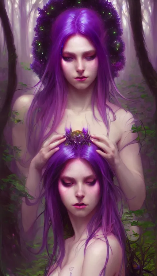 Image similar to stunningly beautiful female neon and purple hair, fantasy art, fae priestess, lush forest landscape, dark light night, goddess sharp focus, digital, painting, 8 k, concept art, art by wlop, artgerm, greg rutkowski and alphonse mucha