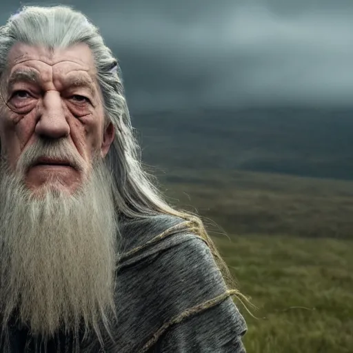 Prompt: landscape photo of the evil ian mckellen as gandalf in a dark viking hood playing odin all father from the thor movie walking through an open grass field as a malicious entity, highly detailed, cinematic shot, cinematic lighting, 8 k, exquisit facial detail