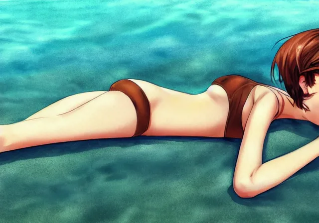 Image similar to A girl with short brown hair, wearing a swimsuit, laying on the beach drawn by WLOP, by Avetetsuya Studios, attractive character, colored sketch anime manga panel, trending on Artstation