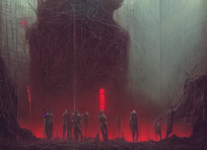 Image similar to satanic ritual, summoning the devil, neon, they are watching, RGB, glowing wires everywhere, pristine, by Edgar Maxence and Ross Tran, Zdzisław Beksiński, and Michael Whelan, distant, gustav dore, H.R. Giger, 8k, octane render