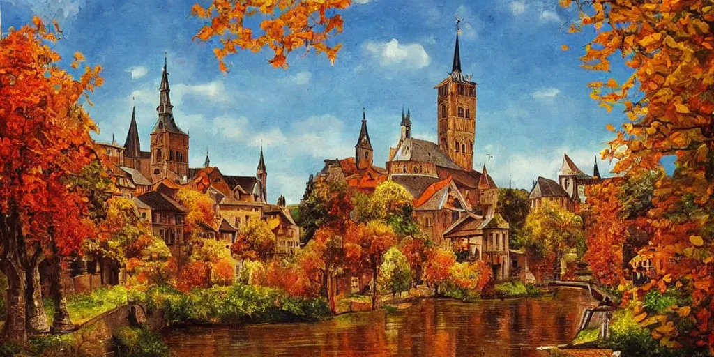 Prompt: a middle european medieval town during autumn, painting, beautiful, award winning masterpiece