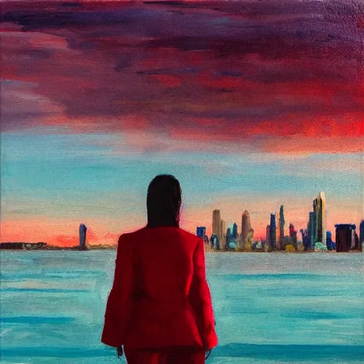 Prompt: lonely young woman with red hair, magenta coat, and light blue pants ; wandering a beach at sunset with a city skyline on the horizon, oil painting, warm lighting, swimming pool in foreground