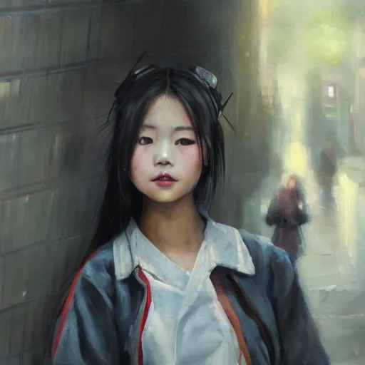 Image similar to a perfect, realistic professional oil painting of a Japanese schoolgirl posing in a dystopian alleyway, close-up, by a professional American senior artist on ArtStation, a high-quality hollywood-style concept