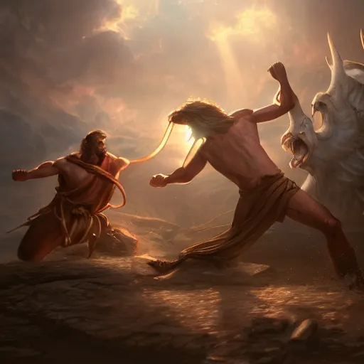 Image similar to Jesus fighting the devil, dynamic lighting, photorealistic concept art, trending on art station, stunning visuals, creative, cinematic, ultra detailed