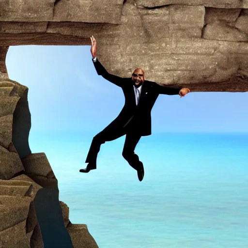 Image similar to Steve harvey hanging off the edge of a blue cliff