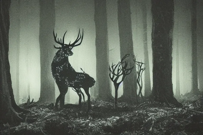 Prompt: a creepy dark forest illuminated by a bioluminescent stag, night