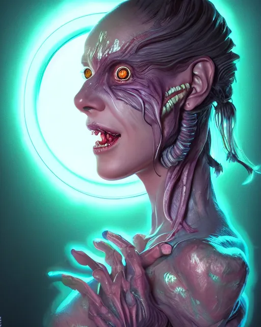 Prompt: portrait of a cute female monster, bioluminescent, veins, horror, happy, highly detailed, digital painting, cinematic, hyperrealism, dark retrowave, art by stanley lau and artgerm and magali villeneuve and alphonse mucha, artstation, octane render, cgsociety