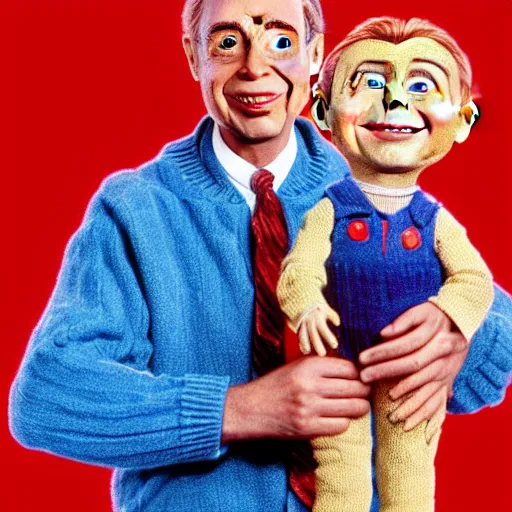 Image similar to Mr. Rogers holding a Chucky doll from the movie Child's Play from 1988 highly detailed 8k hdr