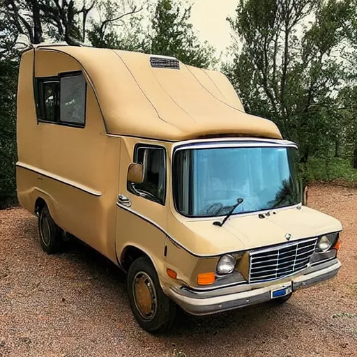 Image similar to “a 1971 beige mercedes 508d truck that has been converted into an rv with a raised roof”