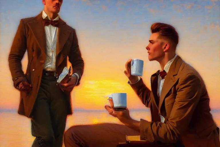 Prompt: attractive man drinking coffee, sunset, painting by gaston bussiere, j. c. leyendecker, tom of finland, trending on artstation