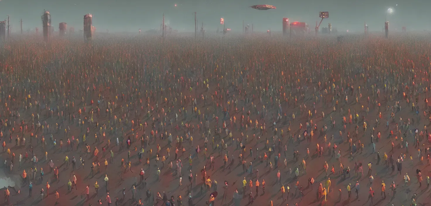 Image similar to an intricate matte painting of crowd of people by simon stalenhag, trending on artstation