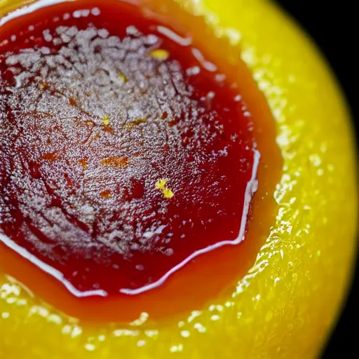 Image similar to close - up shot of a lemon covered in strawberry jam, macro lens, depth of field