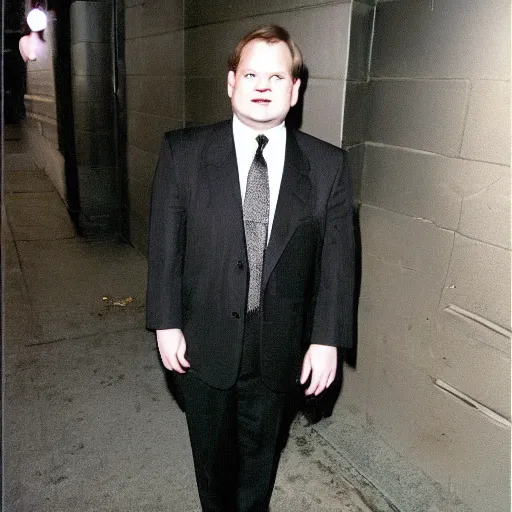 Image similar to 1 9 9 8 andy richter wearing a black suit and necktie standing on the streets of chicago at night in winter.