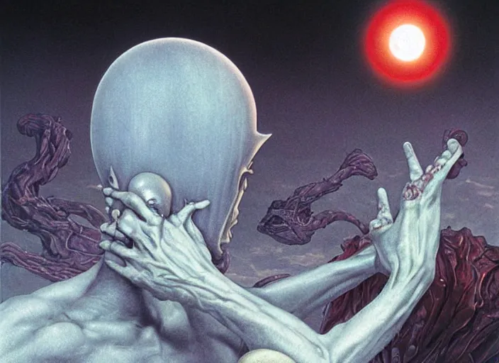 Image similar to griffith holding behelit during the eclipse from berserk, creepy, melting, since, horror, art by wayne barlowe, giger, artgerm