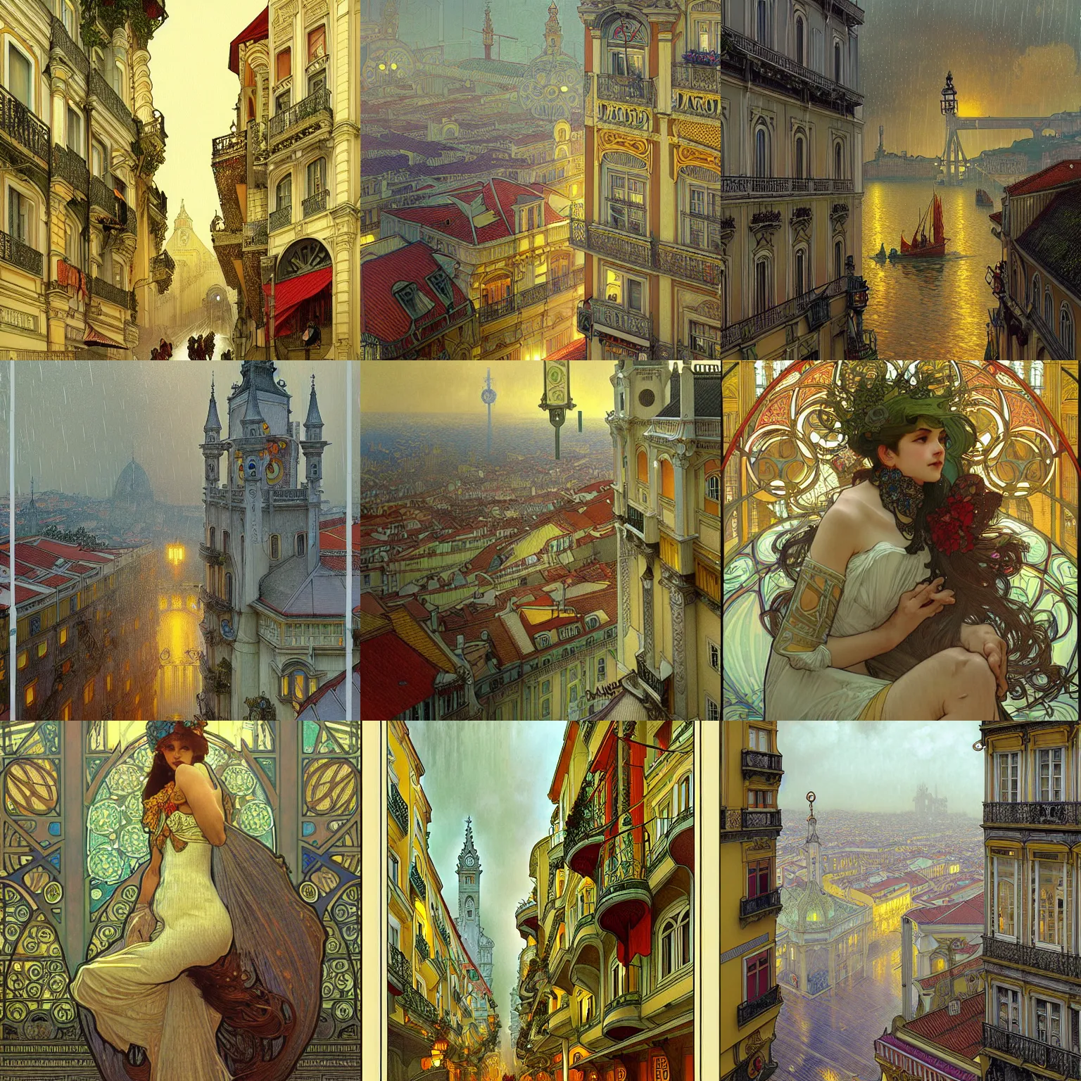 Prompt: The Raining City of Lisbon, high resolution fantasy concept art, intricate details, soft lighting, Artist alphonse mucha