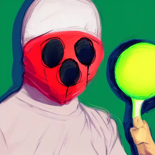 Image similar to a tennis ball monster with a tennis racquet, ski mask, balaclava, face covered smooth, intricate, elegant, power aura, digital painting, artstation, concept art, sharp focus, illustration, art by basil gogos - h 6 4 0