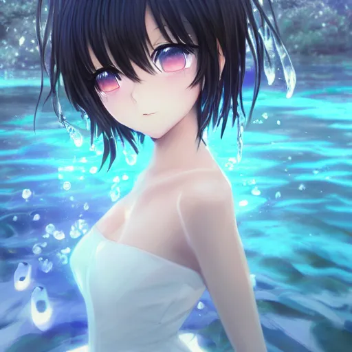 Image similar to advanced digital art, a very cute anime girl wearing a dress made of water standing in a crystal lake turning into mist , full body, very long black hair, azure blue watery eyes, full round face, cinematic lighting, MCU, mid-shot, highly detailed, trending on artstation, Unreal Engine 4k, Stanley Artgerm Lau, WLOP, Rossdraws, James Jean, Andrei Riabovitchev, Marc Simonetti, and Sakimichan