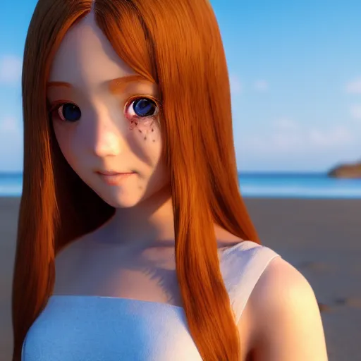 Image similar to Render of a very beautiful 3d anime girl, long hair, hazel eyes, cute freckles, full round face, short smile, cute sundress, golden hour, serene beach setting, medium shot, mid-shot, highly detailed, trending on Artstation, Unreal Engine 4k