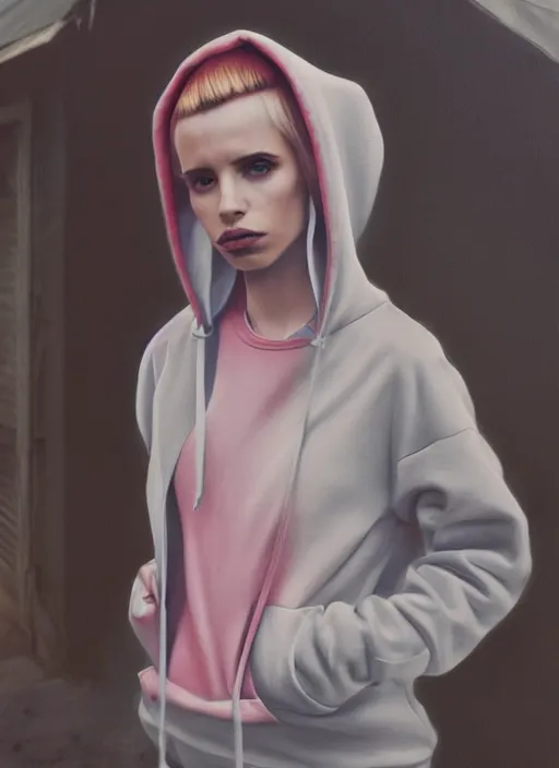 Image similar to still from music video of emma roberts from die antwoord standing in a township street, wearing a hoodie, street clothes, full figure portrait painting by martine johanna, ilya kuvshinov, craig mullins, pastel color palette, 3 5 mm lens