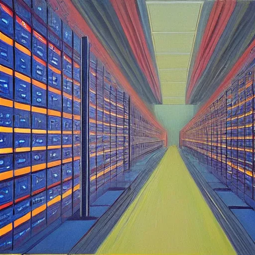 Prompt: a painting by Wayne Thiebaud inside of a high end data center that's on fire!!!!!!! by Wayne Thiebaud