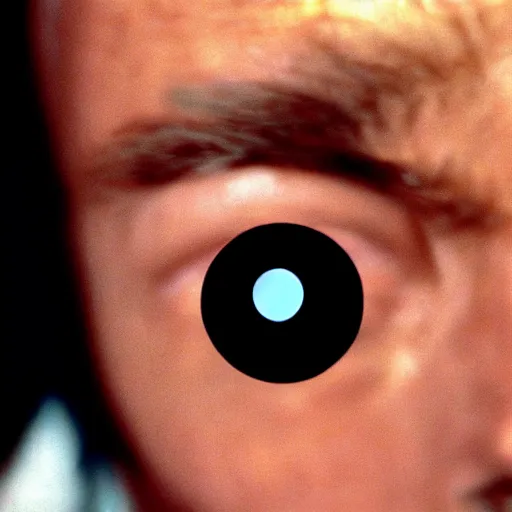 Prompt: close up portrait photograph of man with mullet cyborg eye. From The Terminator 1984