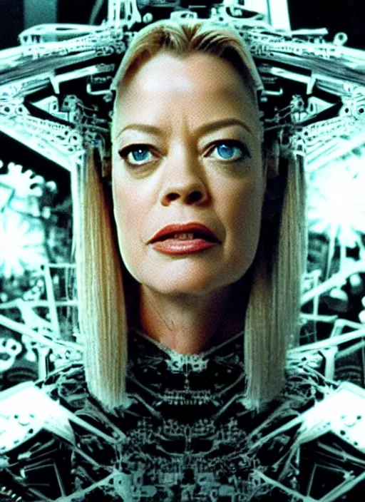 Prompt: 35mm portrait of Jeri Ryan as an intricate and sophisticated borg with eye implant, on the background of a weird magical mechanical forest. Round gears visible inside her hear. Very detailed 8k. Fantasy cyberpunk horror. Sharp. Cinematic post-processing