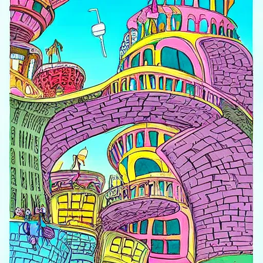 Prompt: fanciful city filled with curvy buildings, by dr seuss, the lorax,, arches, platforms, towers, bridges, stairs, colorful kids book illustration, oh the places you'll go