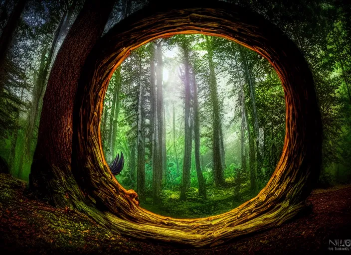 Image similar to photo of a portal to another magical world. Forest in the background. Fantasy magic style. Highly detailed 8k. Intricate. Nikon d850 55mm. Award winning photography.