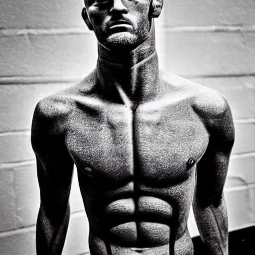 Image similar to “a realistic detailed photo of a guy who is an attractive humanoid who is half robot and half humanoid, who is a male android, boxer Conor McGregor, shiny skin, posing like a statue, blank stare”