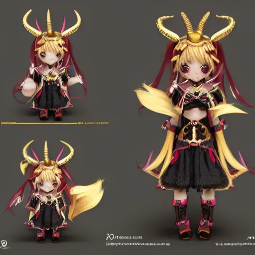 Image similar to cute fumo plush of a goat girl with horns, anime girl, tribal outfit with intricate celtic knot patterns, golden pauldrons, gothic maiden empress, artstation, vray