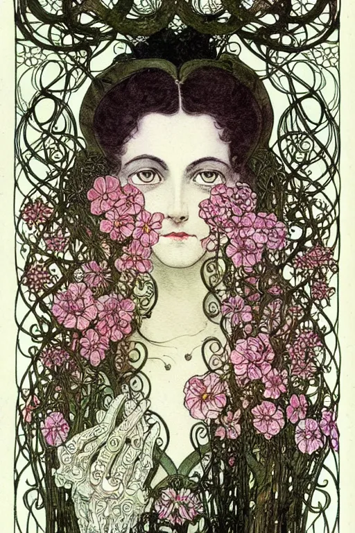 Image similar to centered detailed front view portrait of a victorian beautiful woman with ornate flowers growing around, inside a vine frame ornamentation, flowers, elegant, dark and gothic, full frame, art by kay nielsen and walter crane, illustration style, watercolor