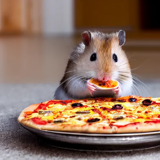 Image similar to detailed photo of a hamster eating pizza, various poses, full body, daylight, 8 k