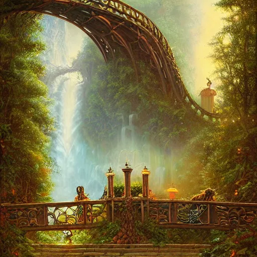 Prompt: a beautiful sorcerers serpent goddess in a magical kingdom nature and gold towers, magic gardens and waterfalls a bridge made out of oaks, beauty abundance and a by christophe vacher