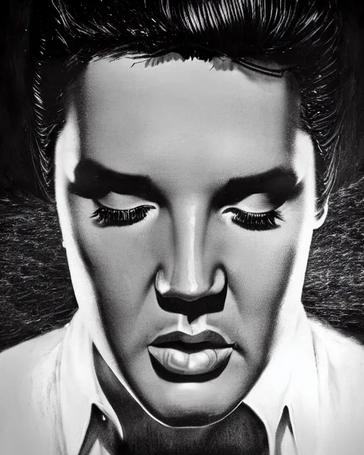 Prompt: a powerful energy elvis presley portrait, grainy black and white photo, by alexander fedosav, hyper detailed digital matte painting, concept art, hyperrealism, 1 6 k resolution, cinema 4 d, 8 k resolution, trending on artstation, behance hd, a masterpiece, by stephan martiniere, particles, by david a. hardy,