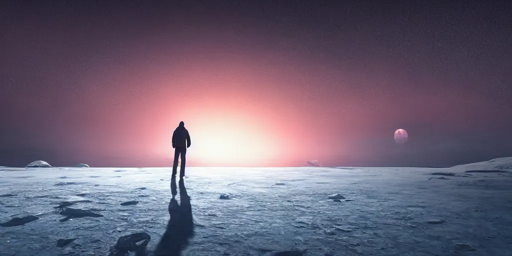 Prompt: a man standing in a icy planet looking to the sky at night, part of a red planet appearing in the sky, concept art, digital art, high quality, highly detailed, 8 k, octane render, unreal engine 5, trending on artstation, anatomically correct, five fingers, cinematic, high coherence, beautiful, hyperrealistic, serene landscape