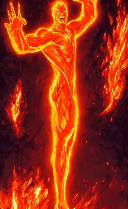 Prompt: human torch, highly detailed, digital painting, artstation, standing, flames around body, facing forward, concept art, smooth, sharp focus, illustration, art by arthur adams and ross tran, in the style of krenz cushart and ilya kuvshinov, oil on canvas, high definition digital art, 8k, volumetric lighting