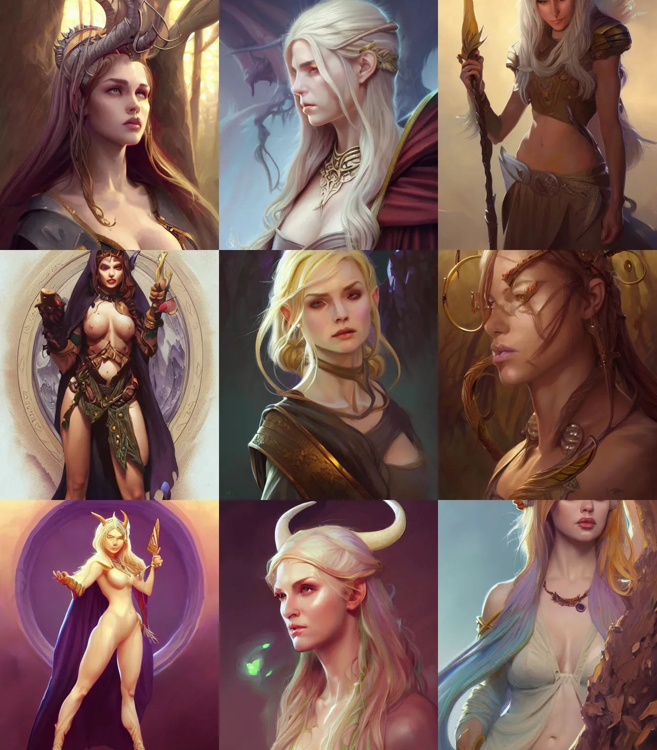 Prompt: Tiefling Druid girl, hourglass slim figure, blonde and attractive features, dungeons and dragons portrait, highly detailed, digital painting, artstation, concept art, sharp focus, illustration, art by artgerm and greg rutkowski and alphonse mucha
