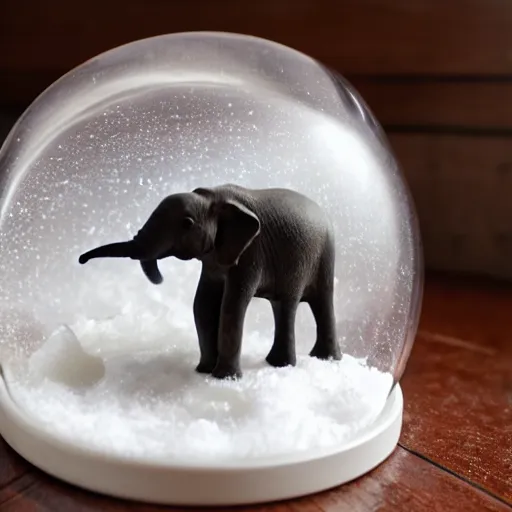 Prompt: a photograph of an elephant inside a snow globe toy, detailed photograph