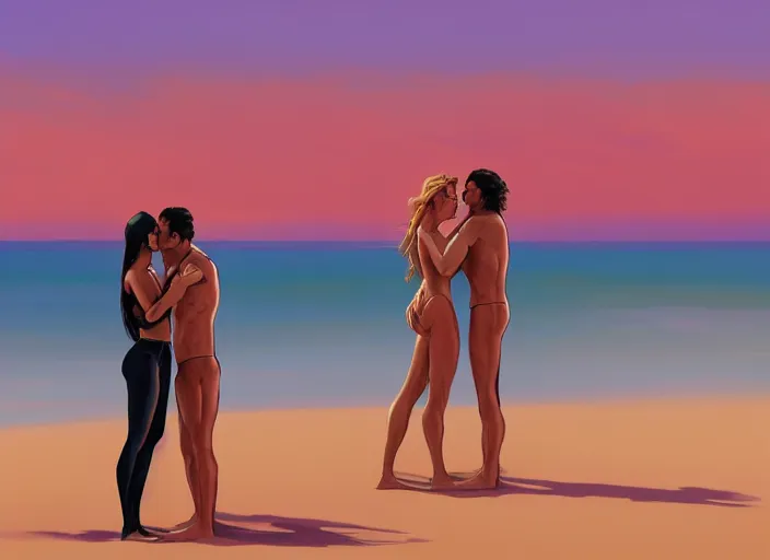 Prompt: couple, man and woman on the beach in pose of couple vol 2 photo reference pack for artists, spirit hugs, gold trim, atmoshperic, elegant, sharp focus, sand sea, red sun, huge lips, poses by satine zillah, environment by jesper ejsing and eddie mendoza, art by by ilya ozornin, artstation, intricate details